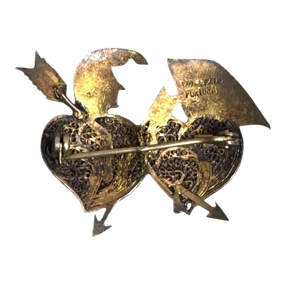 Vintage Topazio Portugal Gold Filigree Enamel Brooch Cupid Hearts Arrows RARE - Picture 2 of 5